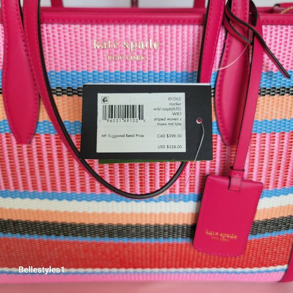 KATE SPADE Market Striped Woven Straw Medium Tote Bag-Wild Raspberry Multi⭐ - Picture 16 of 16